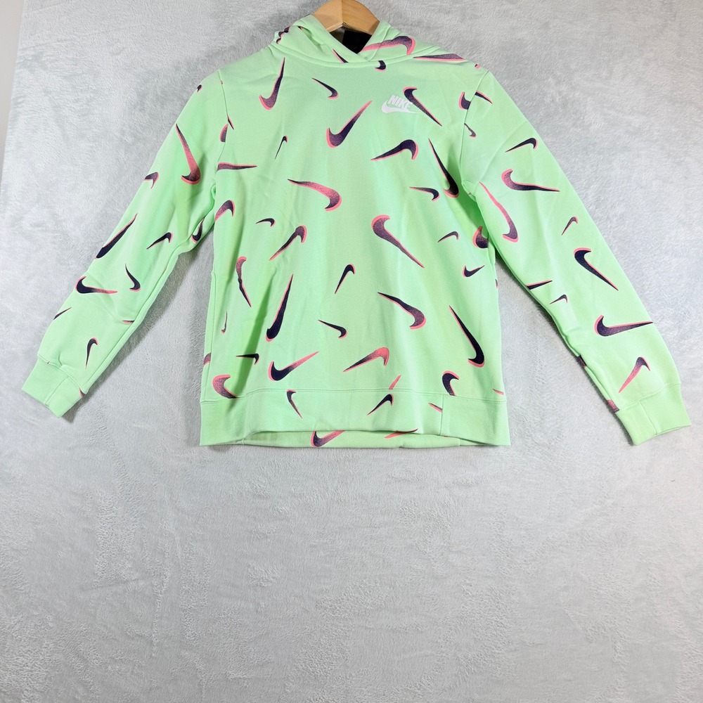 Nike Girls Sportswear All Over Print Swoosh Hoodie Lime Green XL New